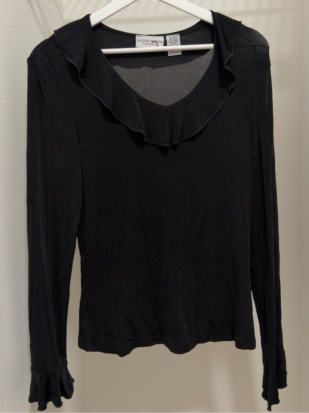 Y2K Jaclyn Smith Black Ruffle-Trim Long Sleeve Blouse